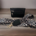 Black Pebbled Leatherette Coin Purse Pouch Wallet & Leopard Print Guitar Strap