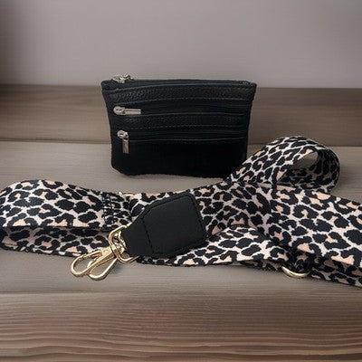 Black Pebbled Leatherette Coin Purse Pouch Wallet & Leopard Print Guitar Strap