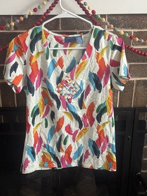Caribbean Joe Womens Criss Cross Short Sleeve Top S White/Multicolor Slashes