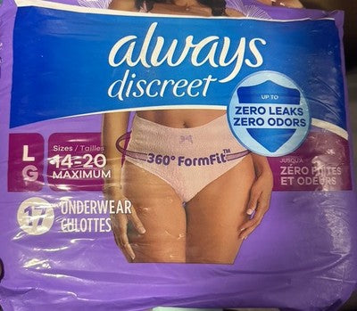 Always Discreet Adult Incontinence Underwear for Women Size Large 17 Count NIP