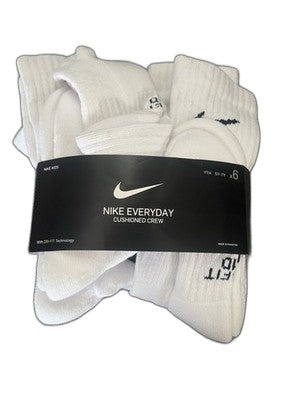 Nike Everyday Cushioned Crew Socks Kids YTH 5Y-7Y White 6 Pair Dri-FIT New