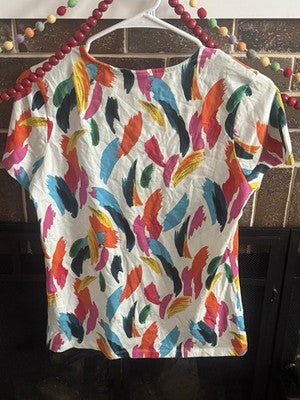 Caribbean Joe Womens Criss Cross Short Sleeve Top S White/Multicolor Slashes