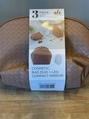 Glo Tech Cosmetic Bag Duo Brown Woven Makeup Case Set MISSING LED MIRROR NEW
