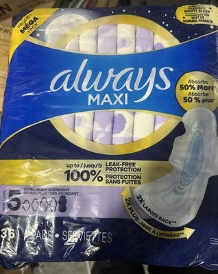 Always Maxi Extra Heavy Overnight Pads with Wings – Size 5 (36 Count Mega Pack)