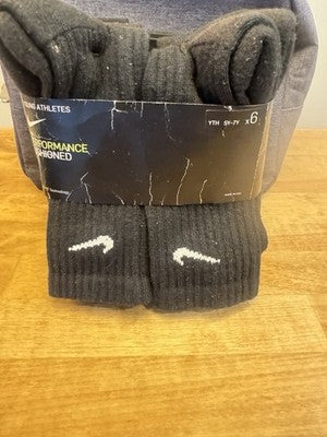 Nike Youth Performance Cushioned Crew Socks 6 Pack Black Size 5Y-7Y Dri-Fit