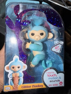 Fingerlings Zoe Interactive Pet Baby Monkey Toy Teal w/ Blue Hair Glitter Monkey