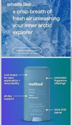method mens deodorant Glacier & Granite 2.65 Oz  Aluminum & Baking Soda Free New