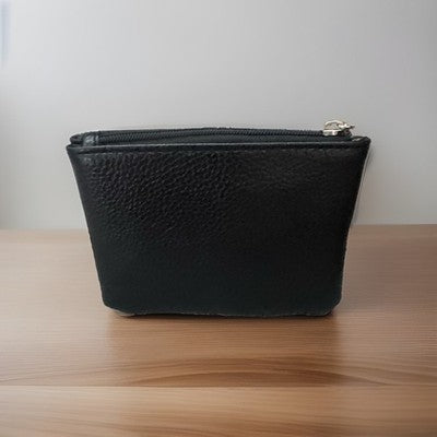 Black Pebbled Leatherette Coin Purse Pouch Wallet & Leopard Print Guitar Strap