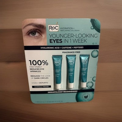 RoC Hydrate Plump Eye Cream 0.6 Floz 3 Tube Hyaluronic ACID + Caffeine + Peptide