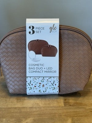 Glo Tech Cosmetic Bag Duo Brown Woven Makeup Case Set MISSING LED MIRROR NEW