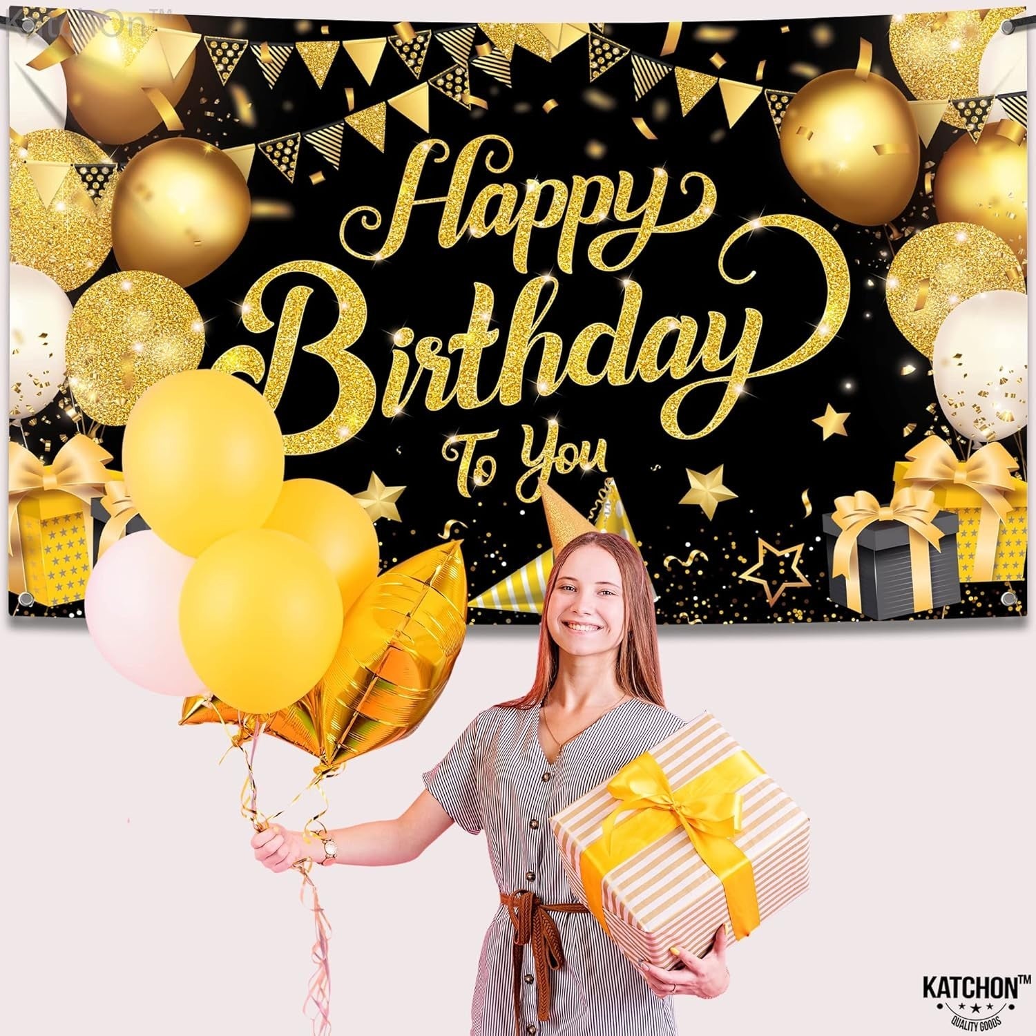 KatchOn, Black & Gold Happy Birthday Back Drop Photo Booth Banner, 72x44 Inch