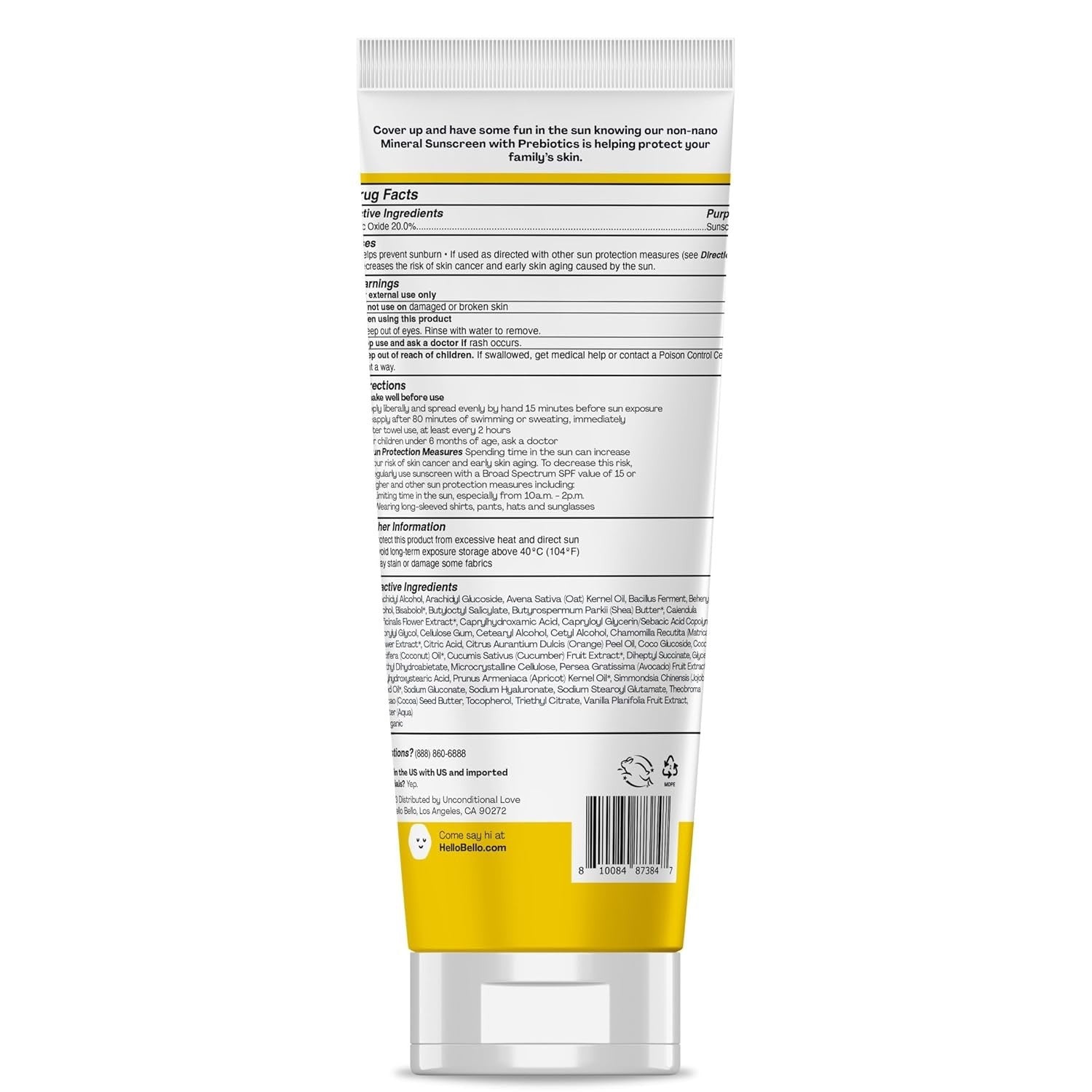 Hello Bello Baby Mineral SPF55+ Sunscreen Lotion with Prebiotics, 3.0 fl oz