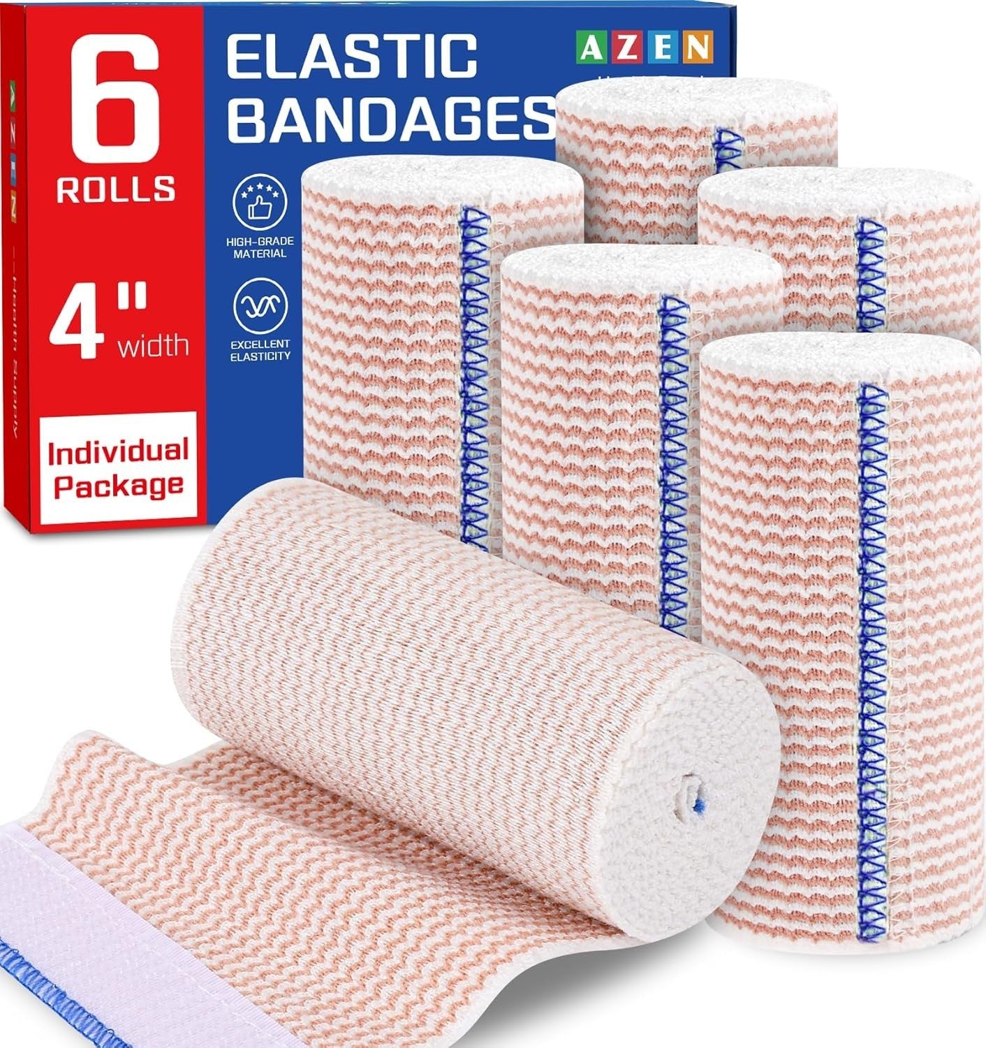 AZEN Premium 6 Pack Elastic Bandage Wrap 4 Inch Compression Wrap Bandage for Leg
