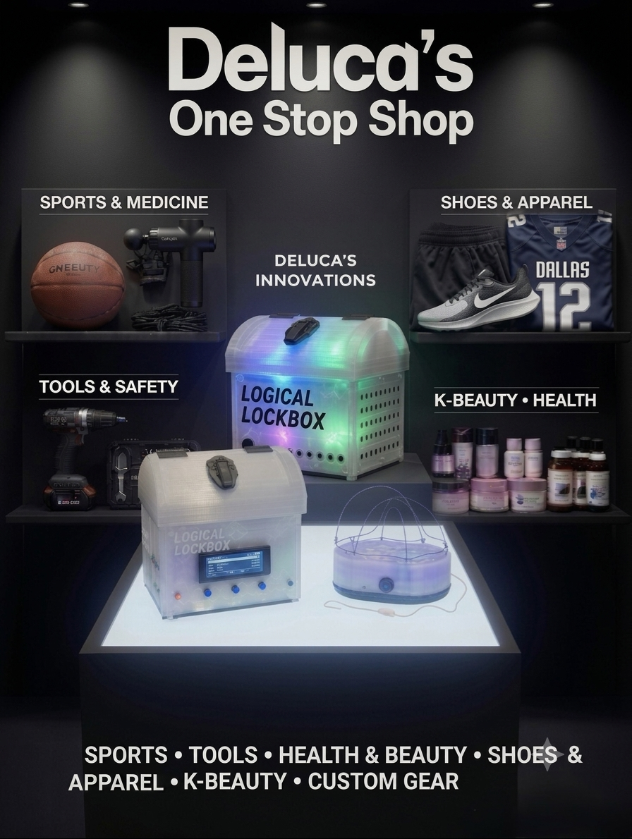 Display of Deluca's products including sports equipment, tools, health and beauty items, shoes, and apparel.
